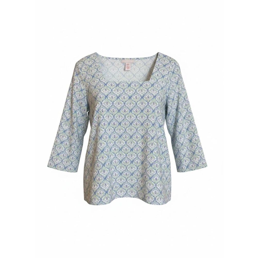 Hearts Of Palm NWOT Square Neck Geometric 3/4 Sleeve Blouse Blue Petite Large - Picture 1 of 7